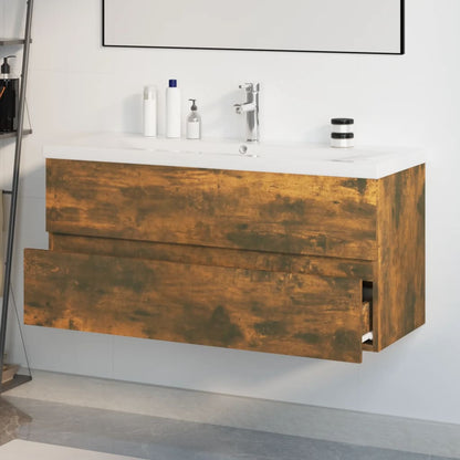 Wastafelkast met ingebouwde wasbak bewerkt hout gerookt eiken 100 x 38.5 x 45 cm met kraan & afvoer