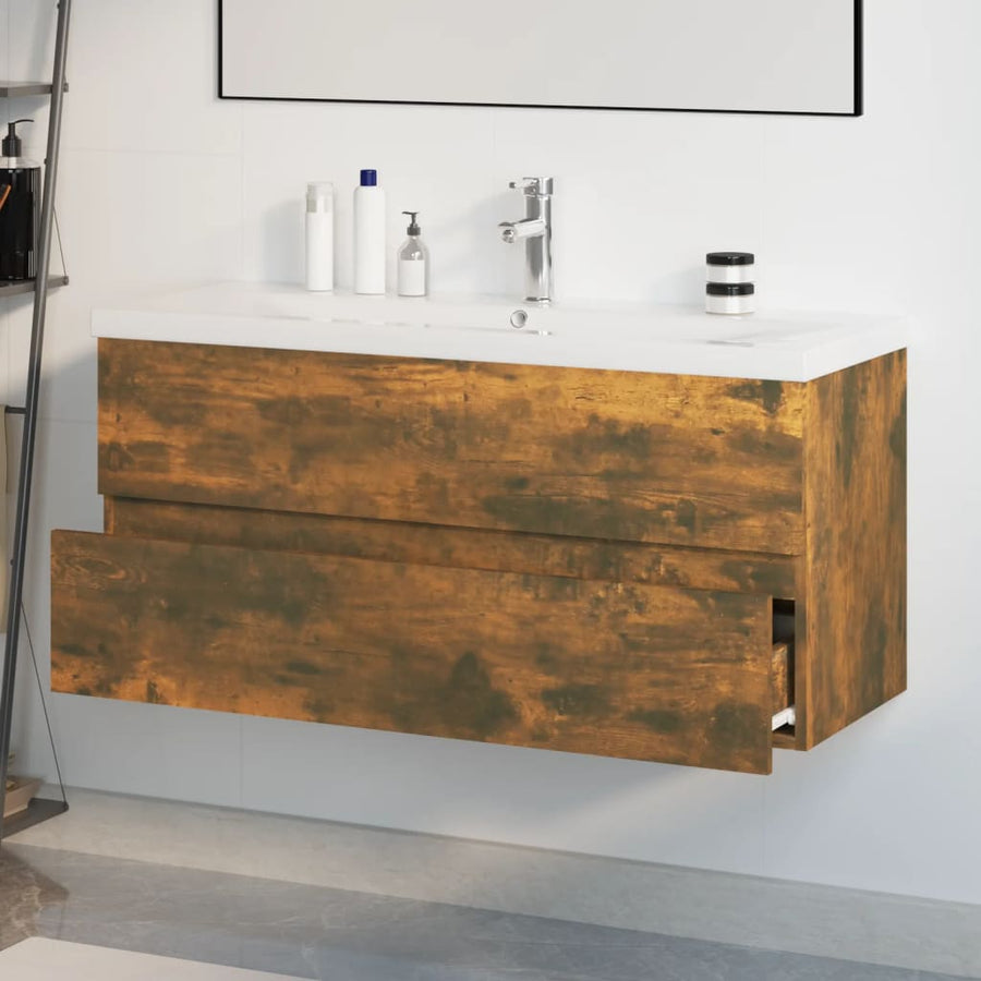Wastafelkast met ingebouwde wasbak bewerkt hout gerookt eiken 100 x 38.5 x 45 cm met kraan & afvoer