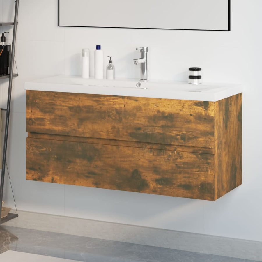 Wastafelkast met ingebouwde wasbak bewerkt hout gerookt eiken 100 x 38.5 x 45 cm met kraan & afvoer