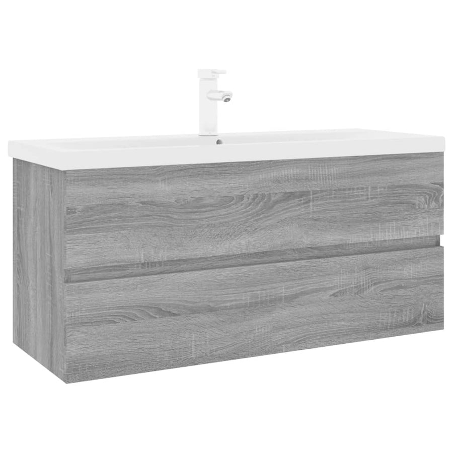Wastafelkast met ingebouwde wasbak bewerkt hout grijs sonoma 100 x 38.5 x 45 cm met kraan & afvoer