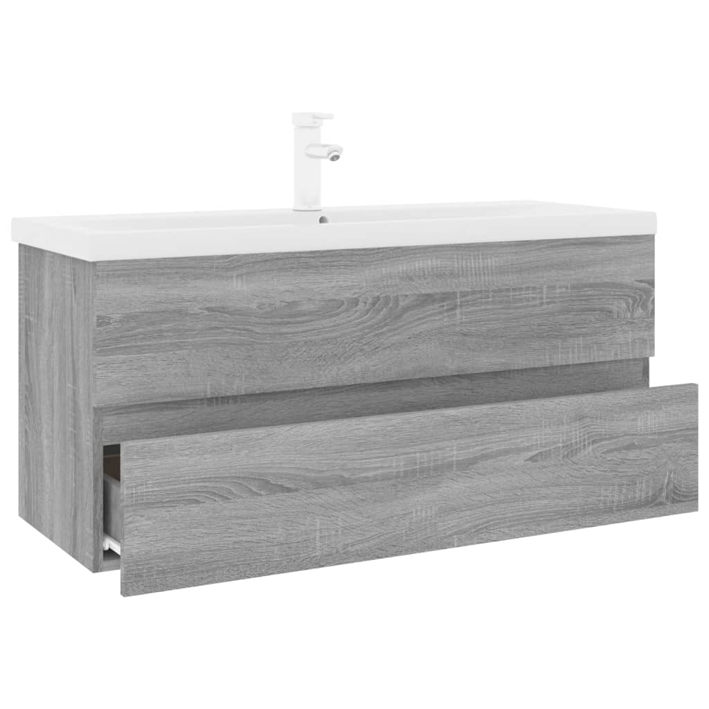 Wastafelkast met ingebouwde wasbak bewerkt hout grijs sonoma 100 x 38.5 x 45 cm met kraan & afvoer