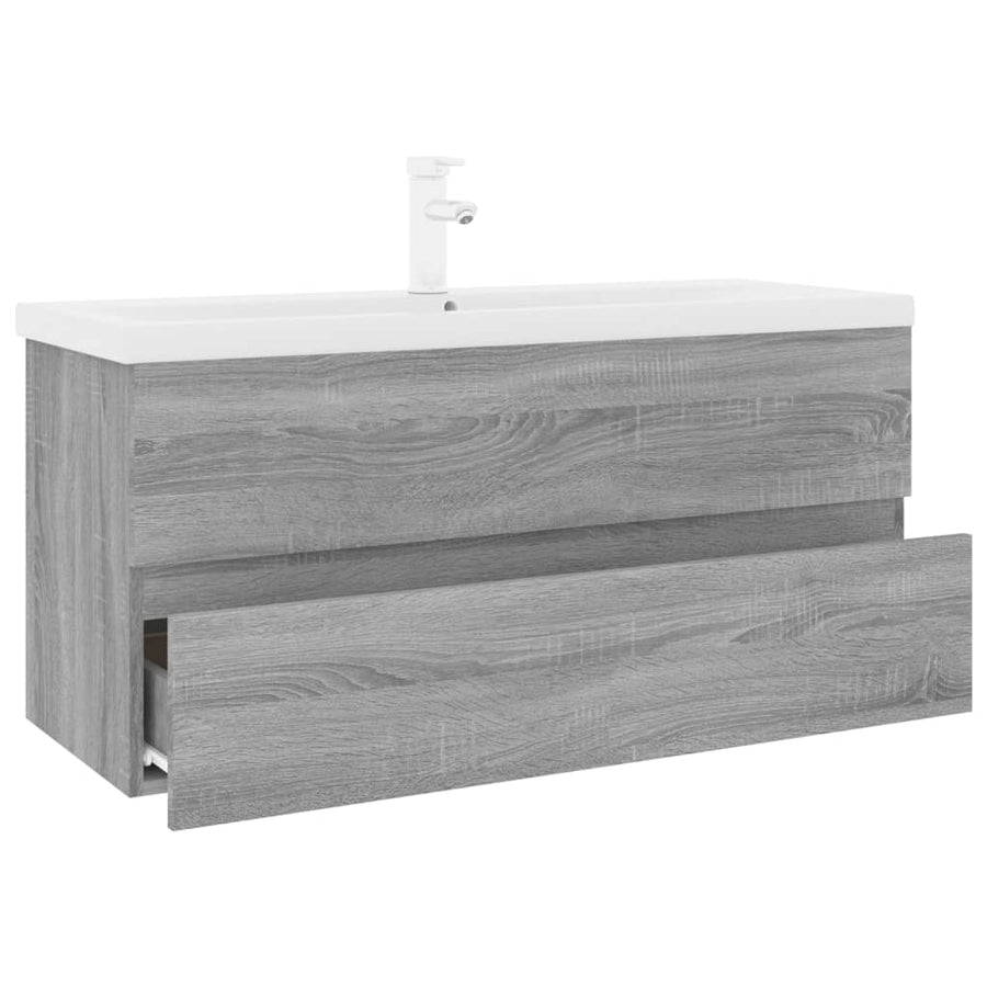 Wastafelkast met ingebouwde wasbak bewerkt hout grijs sonoma 100 x 38.5 x 45 cm met kraan & afvoer