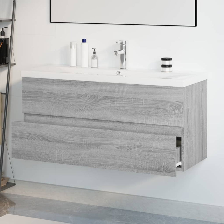 Wastafelkast met ingebouwde wasbak bewerkt hout grijs sonoma 100 x 38.5 x 45 cm met kraan & afvoer