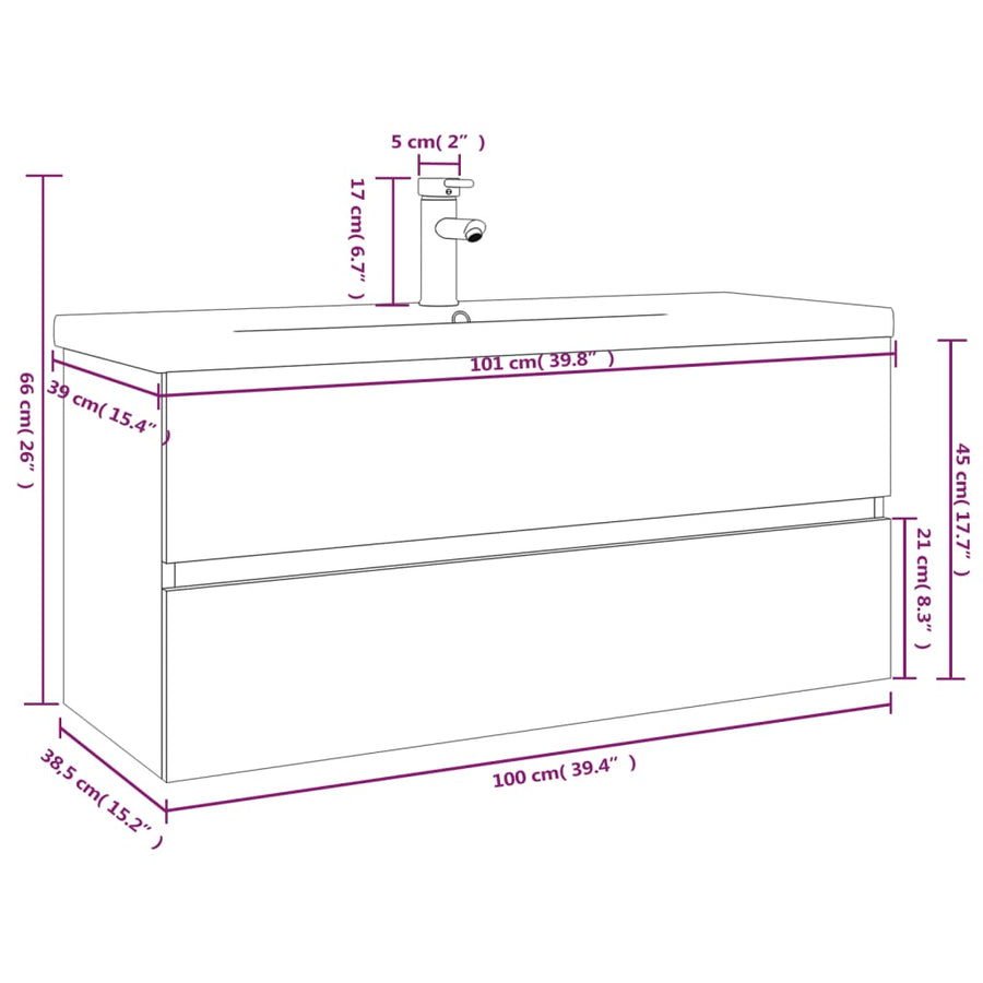 Wastafelkast met ingebouwde wasbak bewerkt hout grijs sonoma 100 x 38.5 x 45 cm met kraan & afvoer