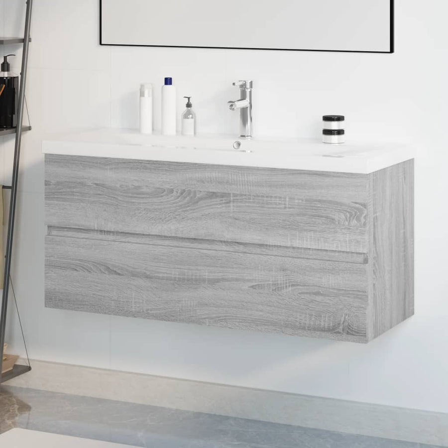 Wastafelkast met ingebouwde wasbak bewerkt hout grijs sonoma 100 x 38.5 x 45 cm met kraan & afvoer