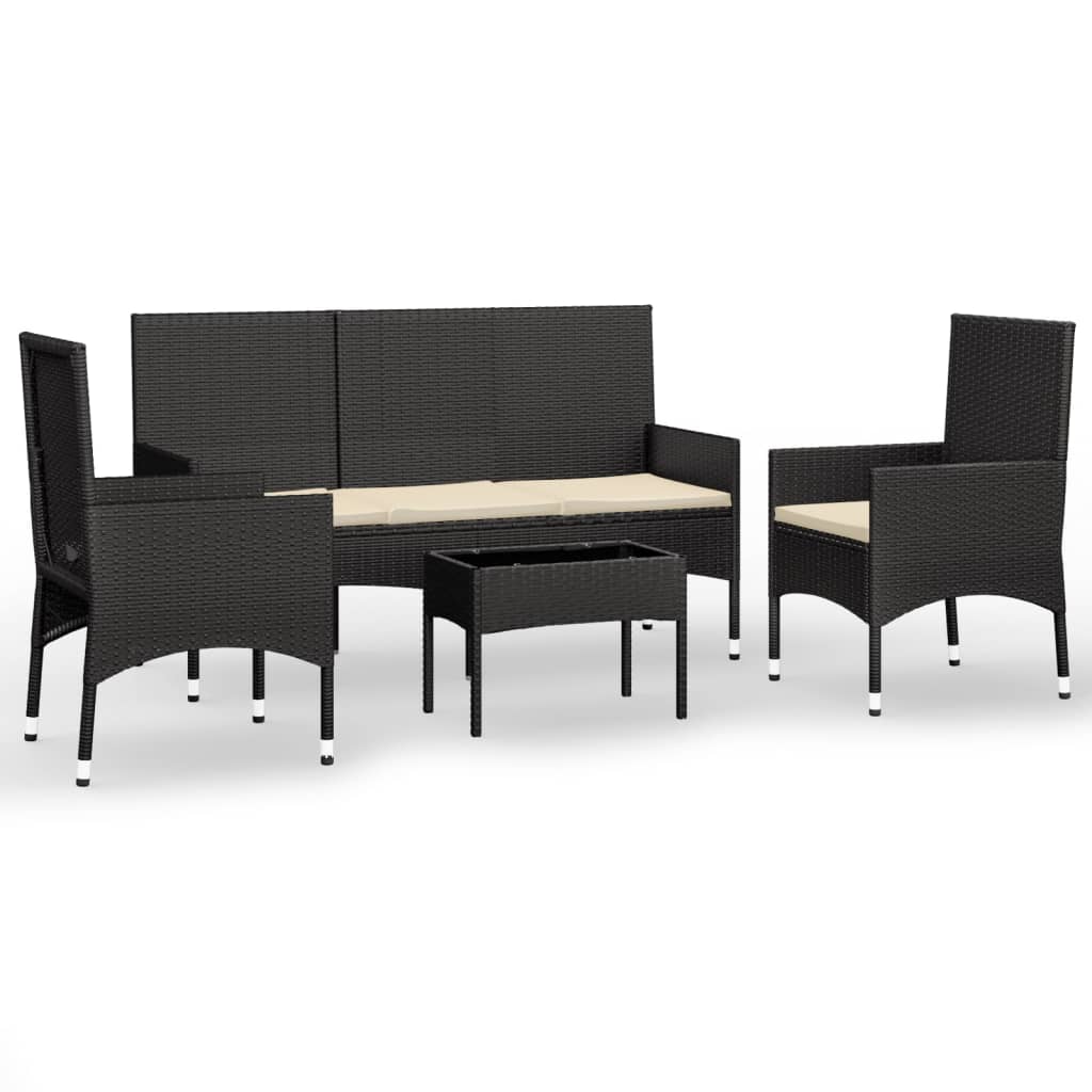 -Delige Loungeset Met Kussens Poly Rattan Zwart en crèmewit