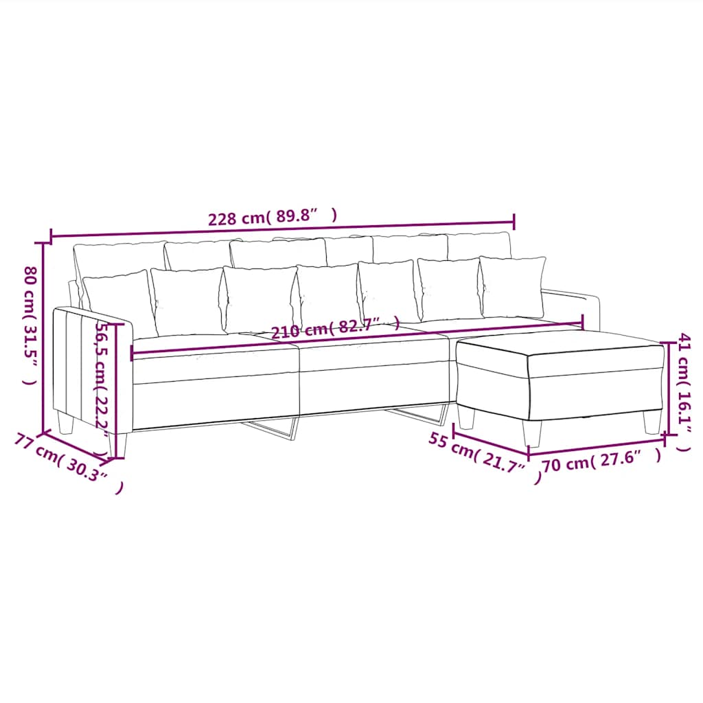 Driezitsbank Met Voetenbank 210 Cm Stof Lichtgrijs 228 x 77 x 80 cm
