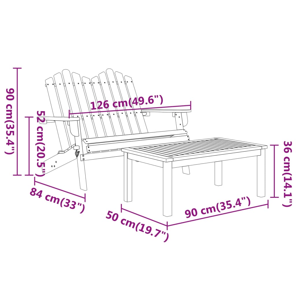 4-Delige Loungeset Adirondack Massief Acaciahout Bruin Bank + 2x stoel + Tafel