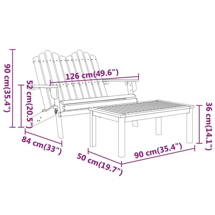 4-Delige Loungeset Adirondack Massief Acaciahout Bruin Bank + 2x stoel + Tafel