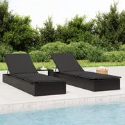 2 sun loungers with table, poly rattan, black