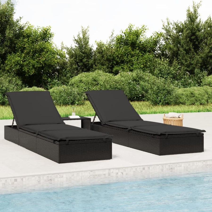 Ligbedden 2 St Met Tafel Poly Rattan 3 Zwart