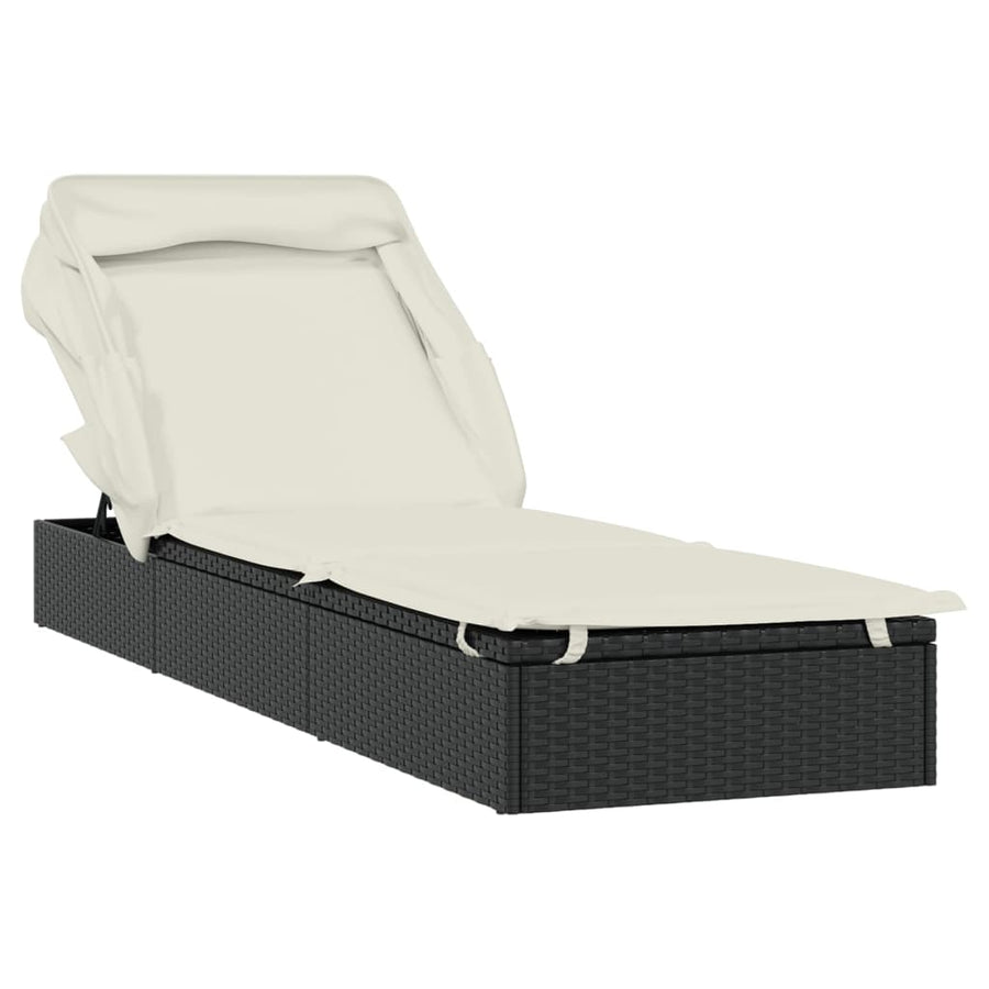 Ligbed met inklapbaar dak 213x63x97 cm poly rattan zwart Zwart en wit