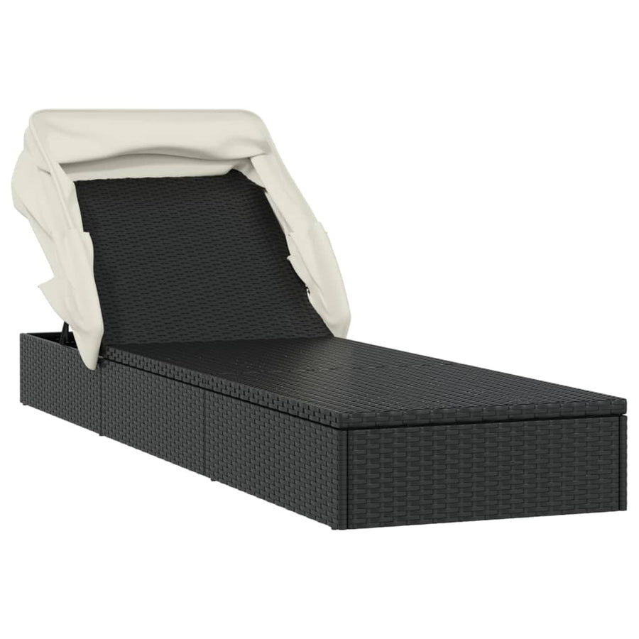Ligbed met inklapbaar dak 213x63x97 cm poly rattan zwart Zwart en wit