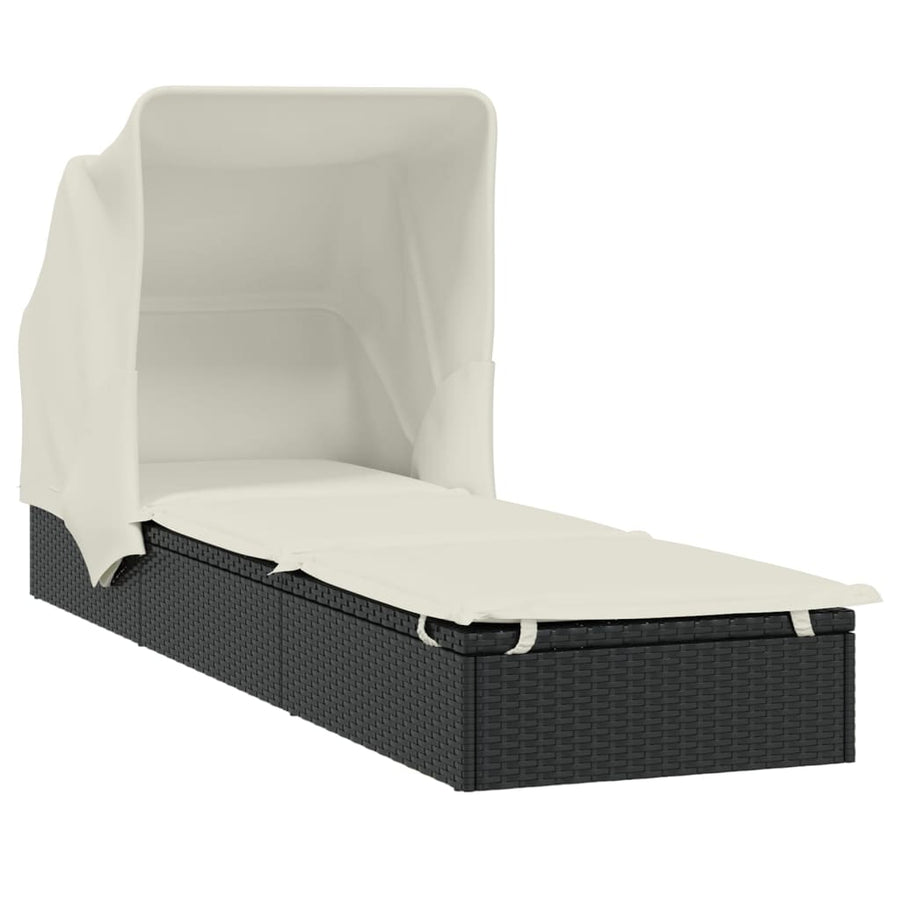 Ligbed met inklapbaar dak 213x63x97 cm poly rattan zwart Zwart en wit