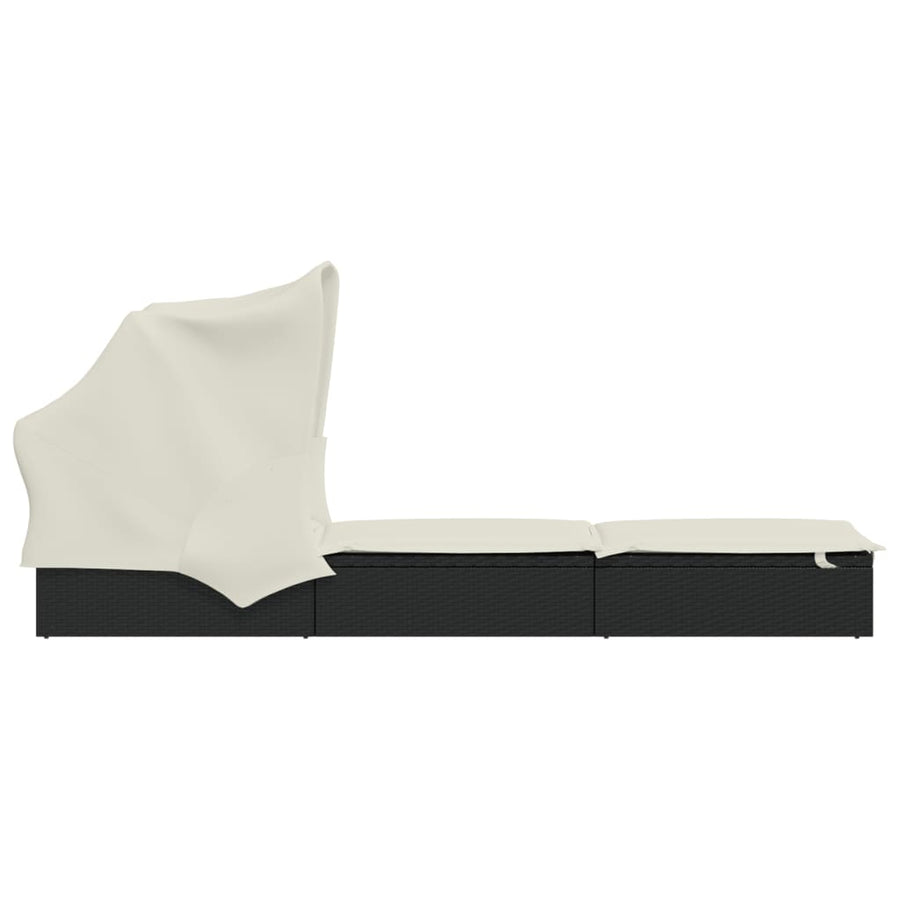 Ligbed met inklapbaar dak 213x63x97 cm poly rattan zwart Zwart en wit
