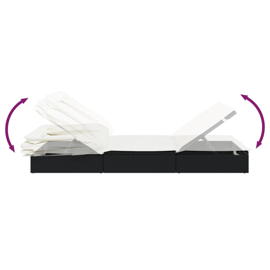 Ligbed met inklapbaar dak 213x63x97 cm poly rattan zwart Zwart en wit