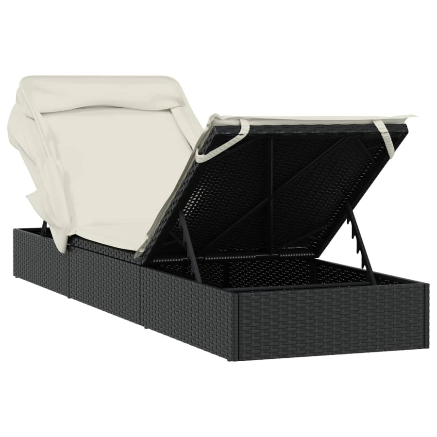 Ligbed met inklapbaar dak 213x63x97 cm poly rattan zwart Zwart en wit