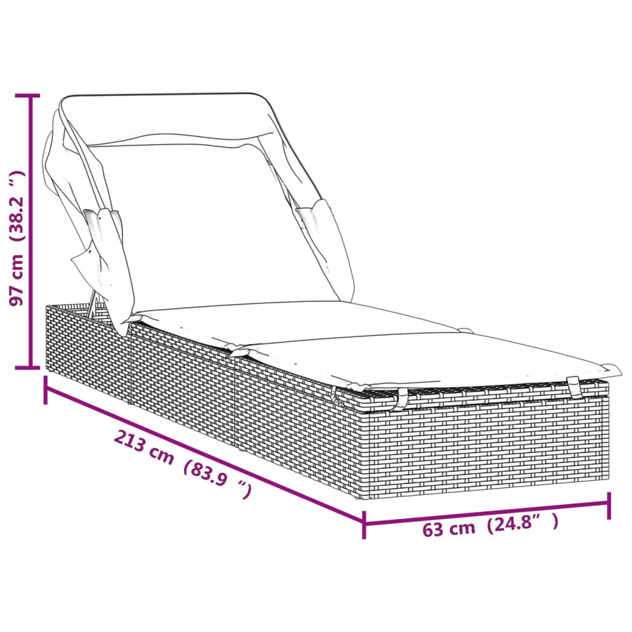 Ligbed met inklapbaar dak 213x63x97 cm poly rattan grijs Grijs