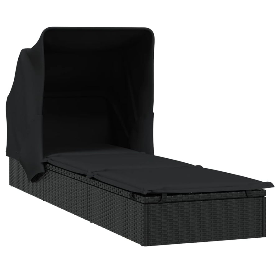 Ligbed met inklapbaar dak 213x63x97 cm poly rattan zwart Zwart