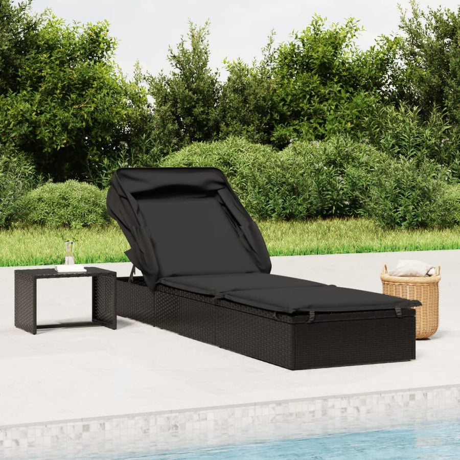 Ligbed met inklapbaar dak 213x63x97 cm poly rattan zwart Zwart