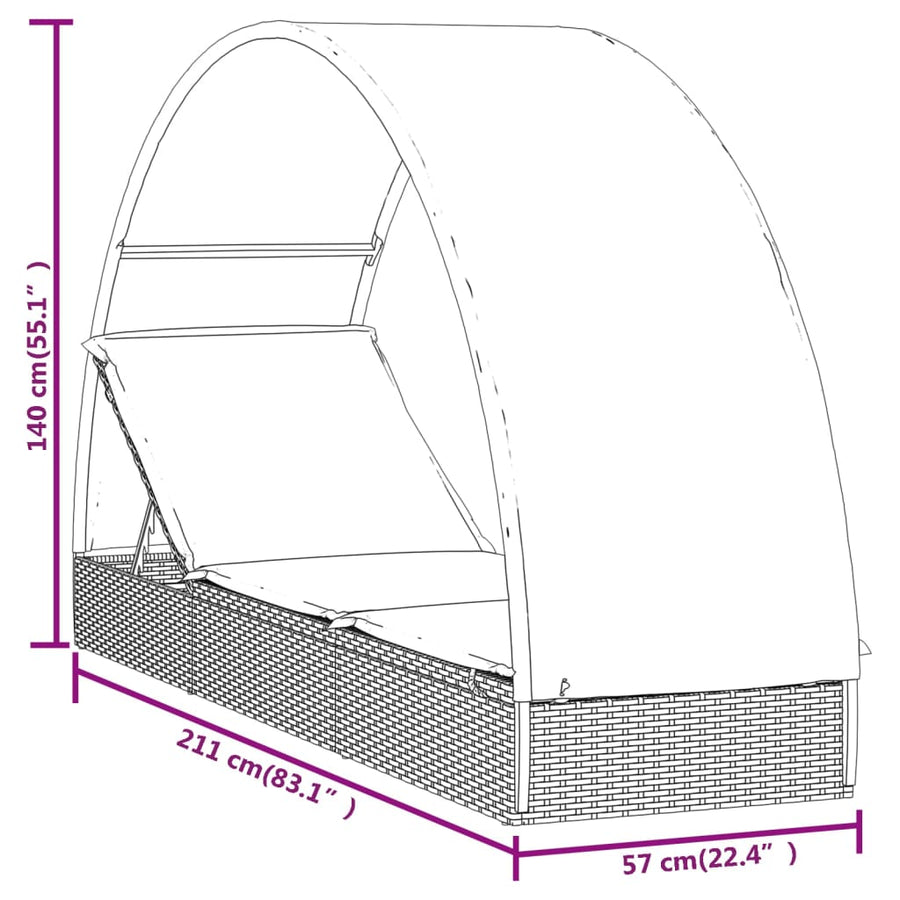 Ligbed Met Rond Dak 2X57X40 Cm Poly Rattan Zwart