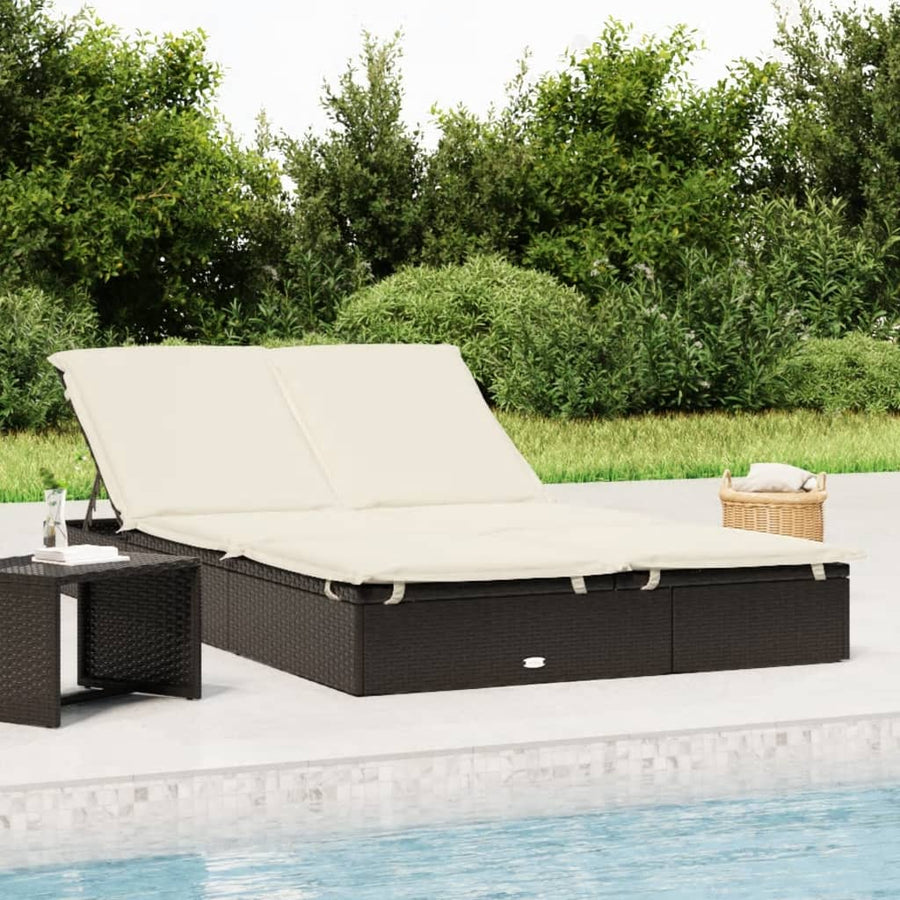 Ligbed Met Kussens 2-Persoons Poly Rattan Zwart en crème