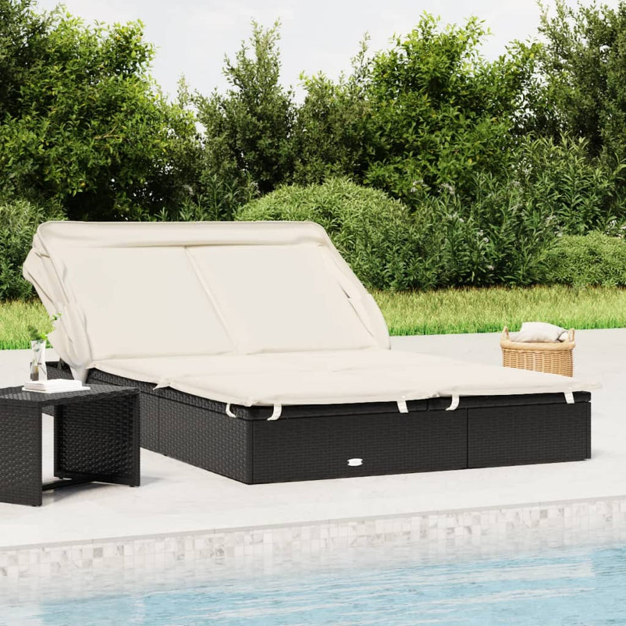 Ligbed 2-Persoons Met Dak 23X8X97 Cm Poly Rattan Zwart en wit