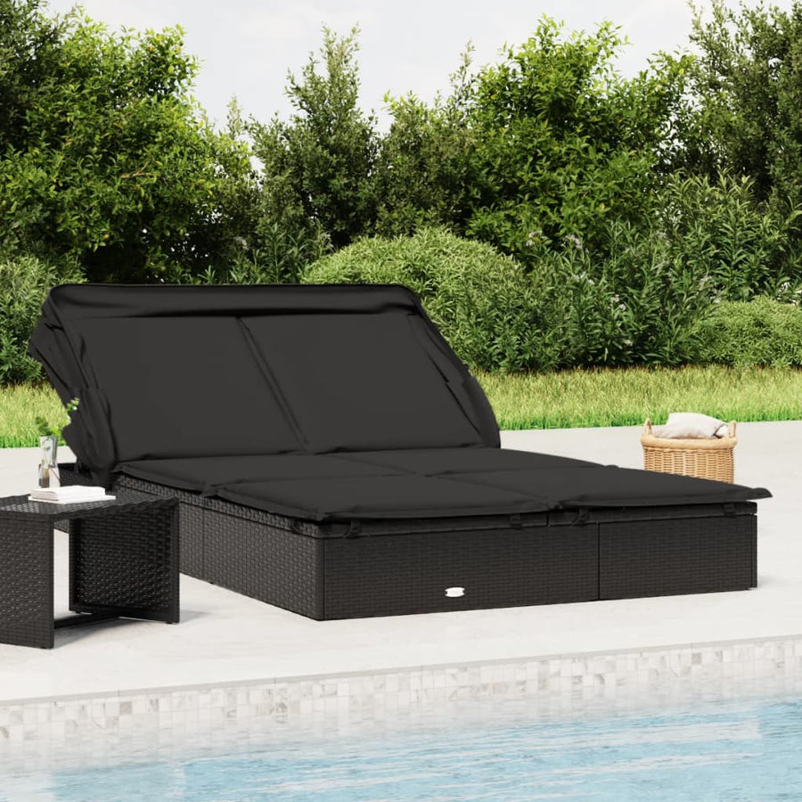 Ligbed 2-Persoons Met Dak 23X8X97 Cm Poly Rattan Zwart