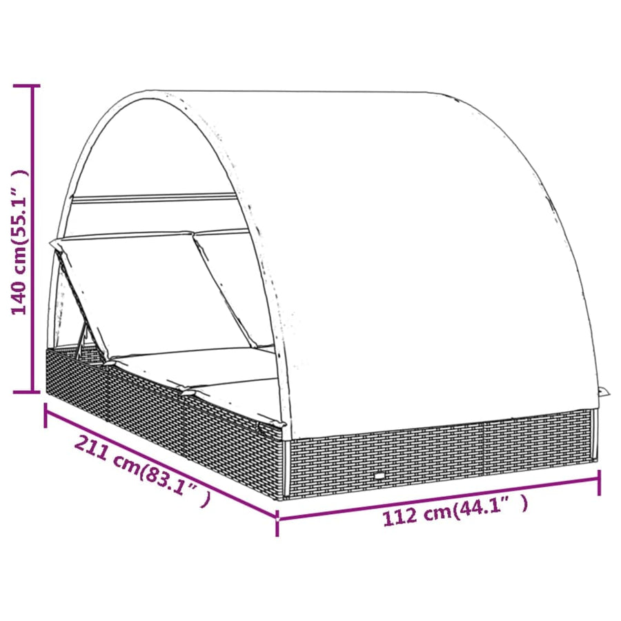 Ligbed 2-Persoons Met Rond Dak 2X2X40 Cm Poly Rattan Zwart en wit