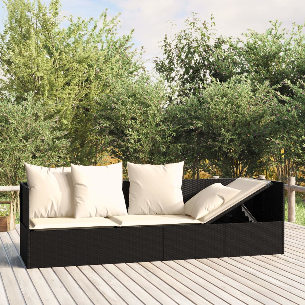 Loungebed Met Kussens Poly Rattan Zwart Crèmewit