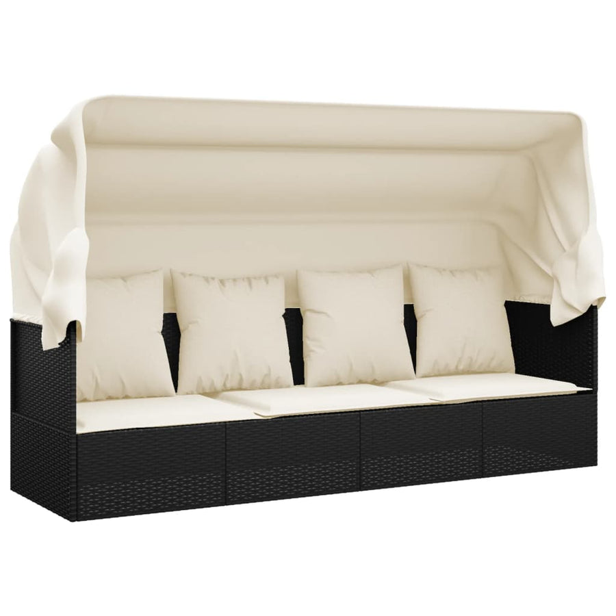 Loungebed Met Luifel En Kussens Poly Rattan Zwart en crème