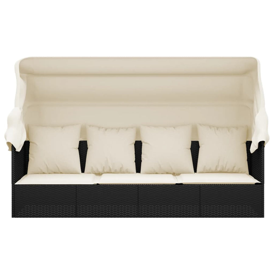 Loungebed Met Luifel En Kussens Poly Rattan Zwart en crème