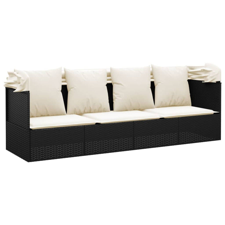 Loungebed Met Luifel En Kussens Poly Rattan Zwart en crème