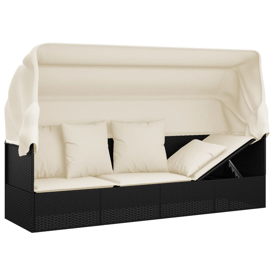 Loungebed Met Luifel En Kussens Poly Rattan Zwart en crème