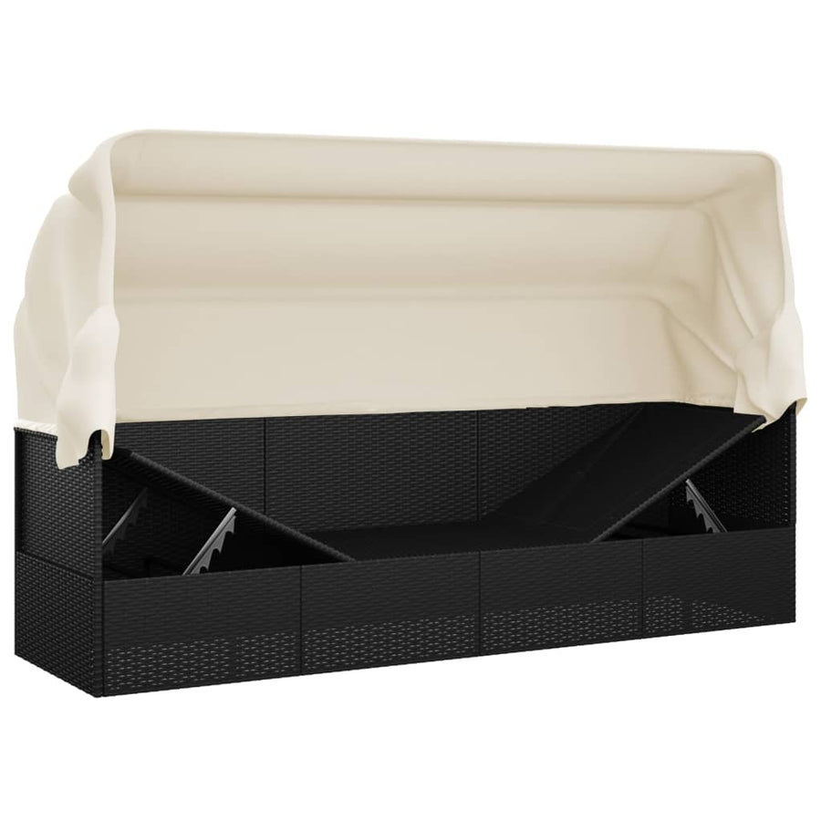 Loungebed Met Luifel En Kussens Poly Rattan Zwart en crème