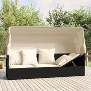 Loungebed poly rattan zwart met luifel en kussens