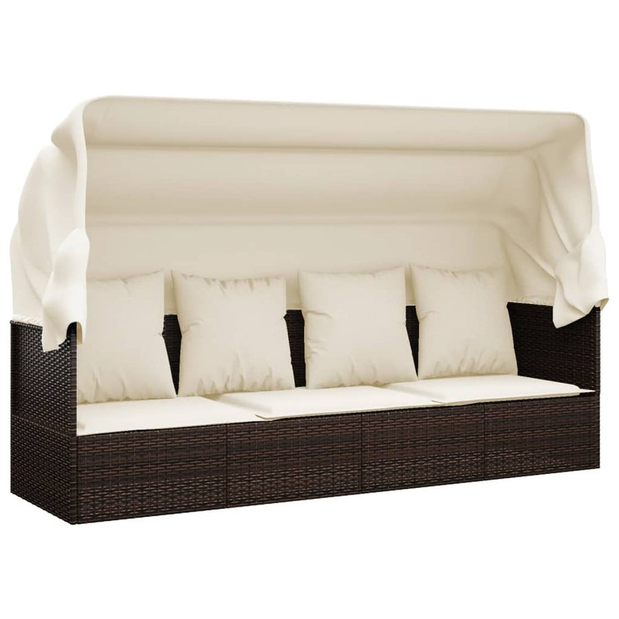 Loungebed Met Luifel En Kussens Poly Rattan Bruin en crème