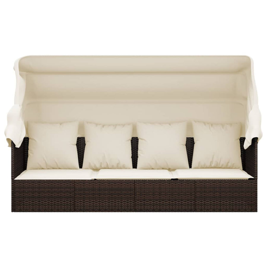 Loungebed Met Luifel En Kussens Poly Rattan Bruin en crème