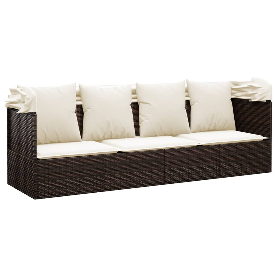 Loungebed Met Luifel En Kussens Poly Rattan Bruin en crème