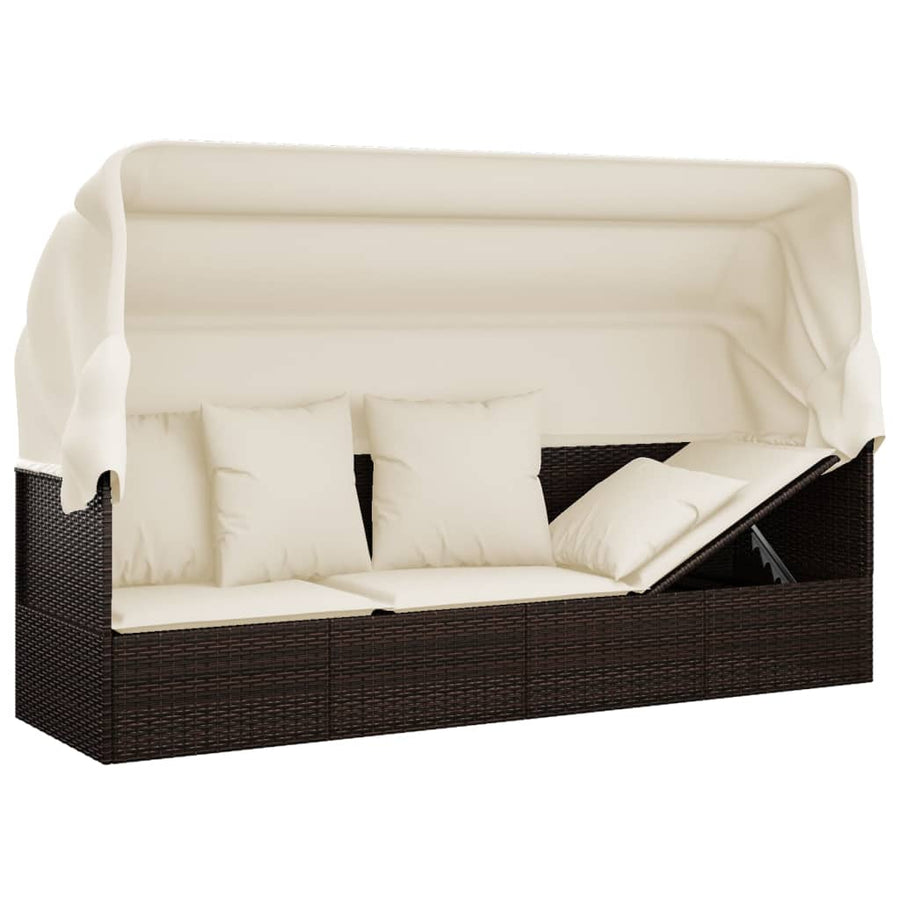Loungebed Met Luifel En Kussens Poly Rattan Bruin en crème
