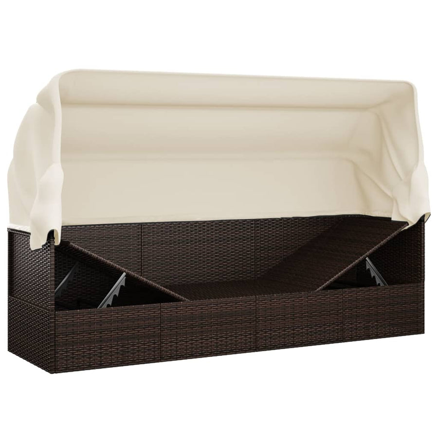 Loungebed Met Luifel En Kussens Poly Rattan Bruin en crème