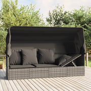 Loungebed poly rattan grijs met luifel en kussens