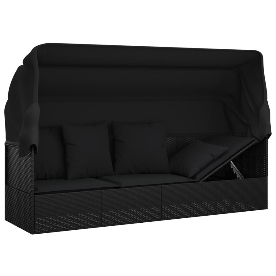 Loungebed Met Luifel En Kussens Poly Rattan Zwart