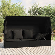 Loungebed poly rattan zwart met luifel en kussens