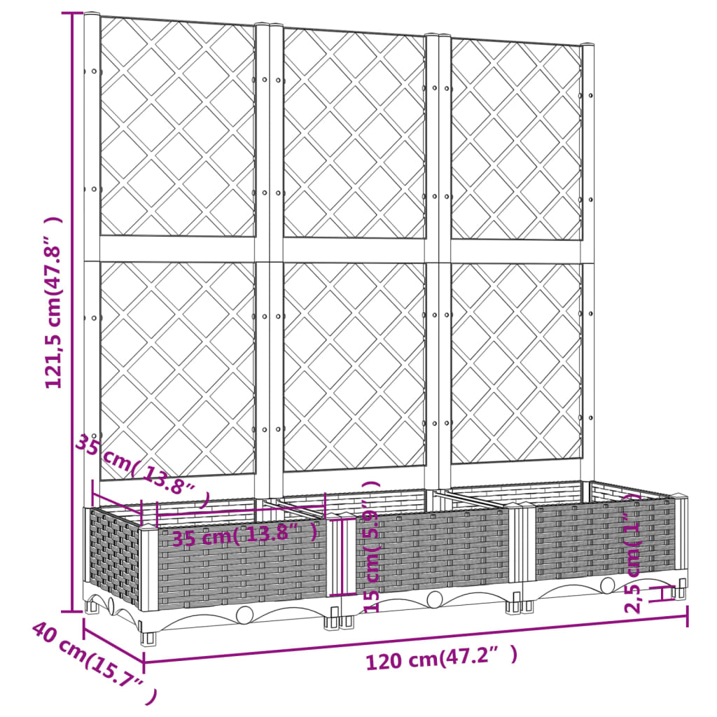 Plantenbak Met Latwerk 20X40X2,5 Cm Polypropeen 120 x 40 x 121.5 cm Lichtgrijs