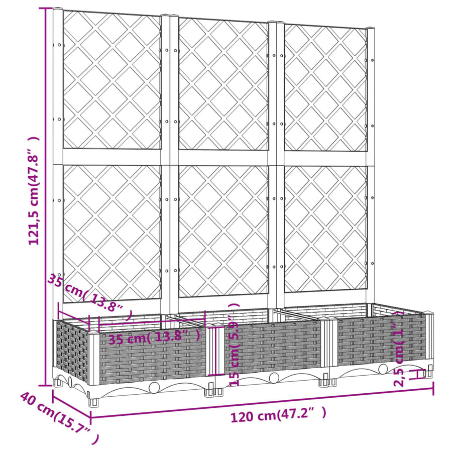 Plantenbak Met Latwerk 20X40X2,5 Cm Polypropeen 120 x 40 x 121.5 cm Lichtgrijs