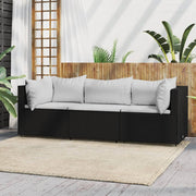 Loungeset poly rattan 3-delig zwart met kussens