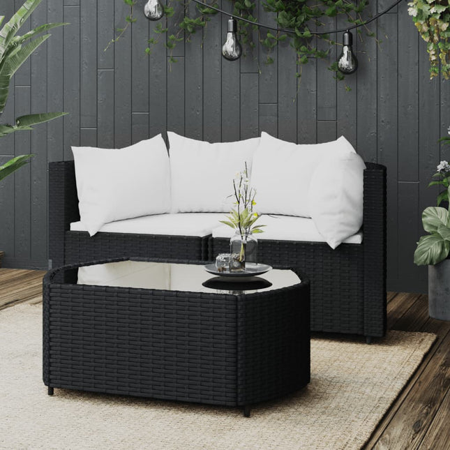 3-Delige Loungeset Met Kussens Poly Rattan Zwart en wit 2x hoek + Tafel