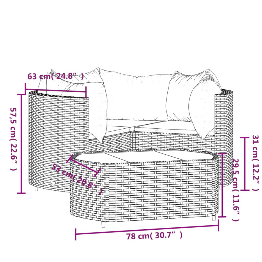4-delige Loungeset met kussens poly rattan zwart