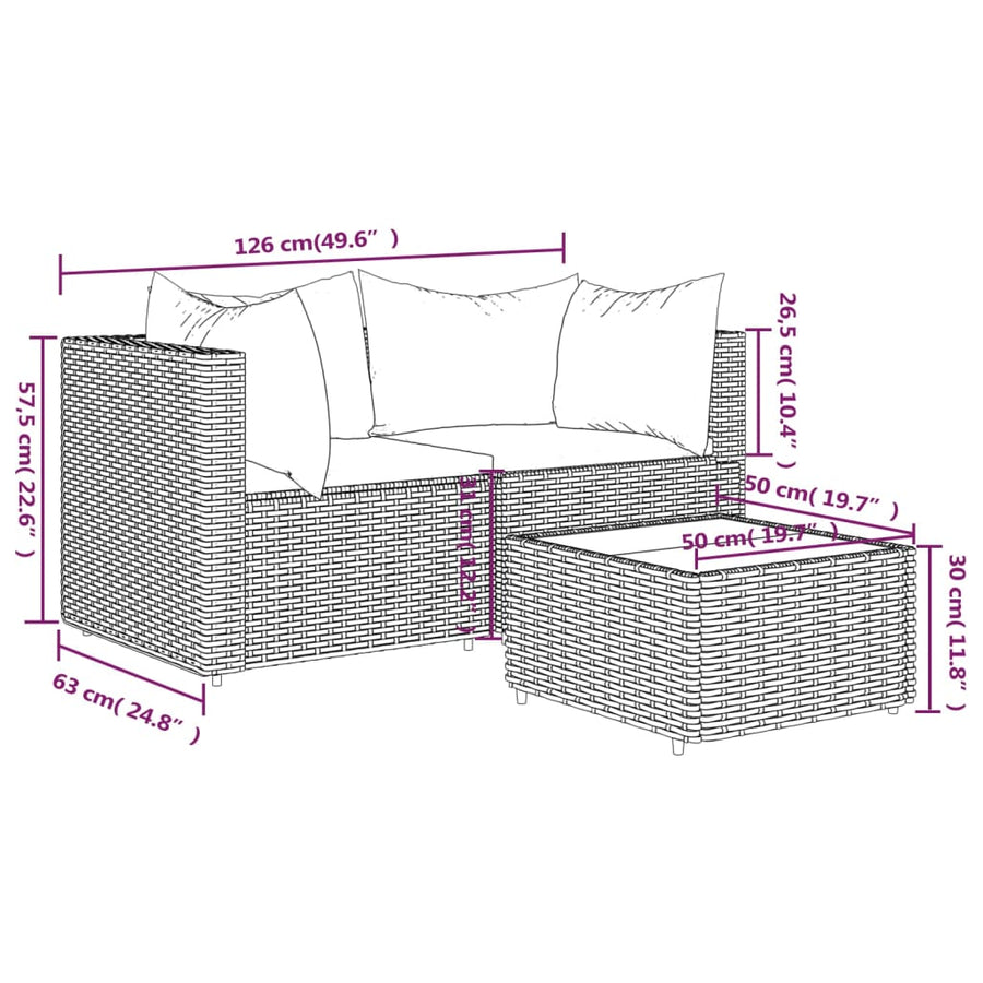 3-Delige Loungeset Met Kussens Poly Rattan Bruin 2x hoek + Tafel